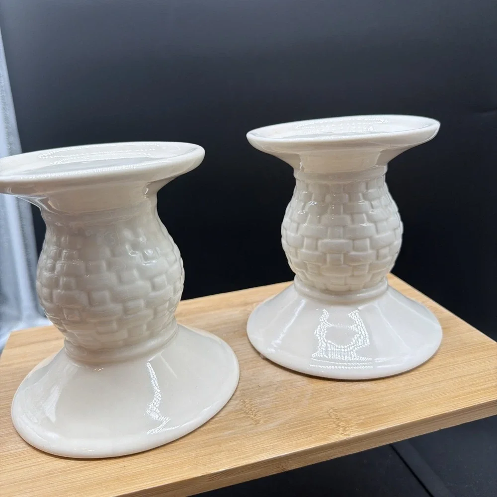 Pair Of Longaberger Ivory Woven Traditions Pedestal Pillar Candle Holders 5